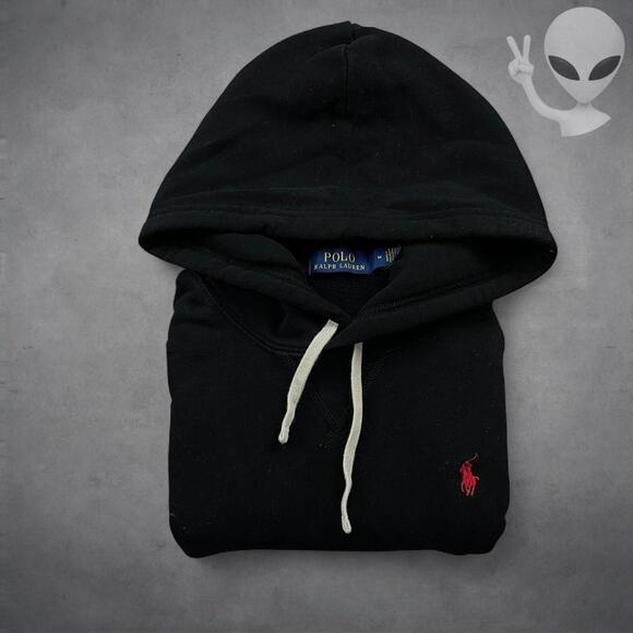 Polo Ralph Lauren Hoodie Medium Black Pullover Classic Red Pony - Picture 5 of 5